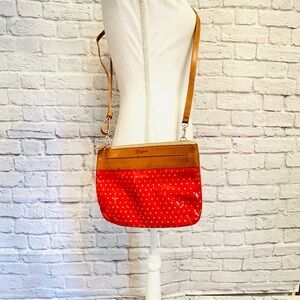 Brighton Pixie Heart Pouch Crossbody Bag, Patent Red Leather With Heart Pattern